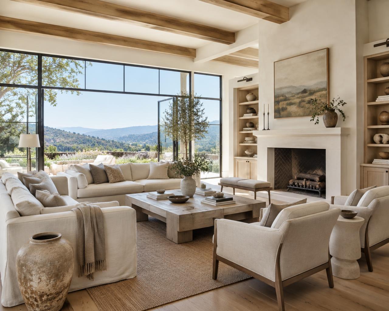 Inviting Southern California living room opening to the hills