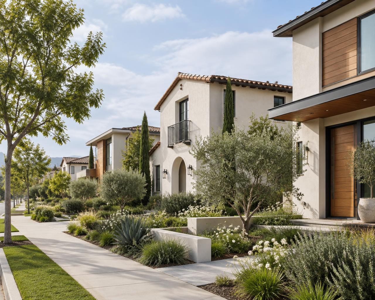 Newly built Southern California homes along a landscaped street
